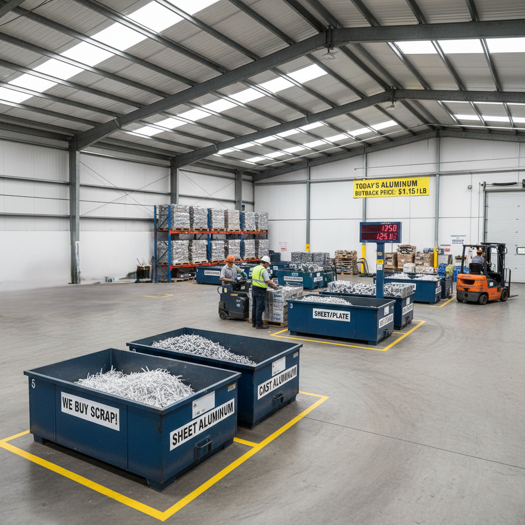 Industrial aluminum recycling facility with bins labeled for sheet and cast aluminum scrap, workers sorting materials, and forklift operating near storage racks.