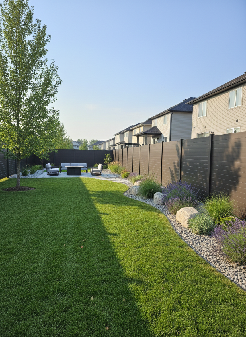Aluminum fence panels installed in a Canadian backyard with modern landscaping