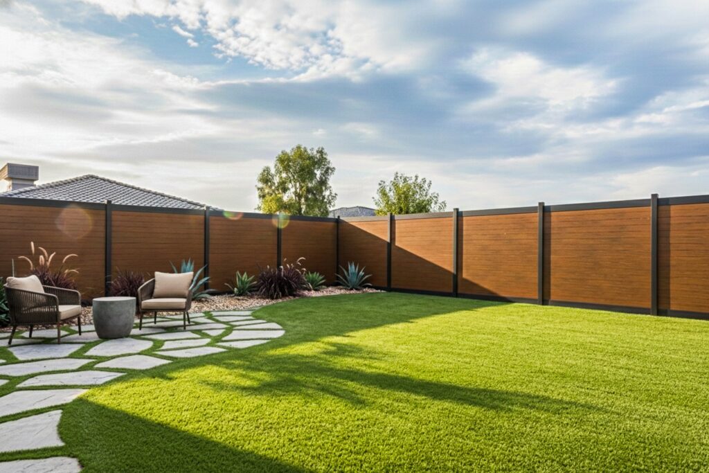 Backyard with brown walnut aluminum fence panels, modern outdoor chairs, stone path, and green lawn under a bright sky.