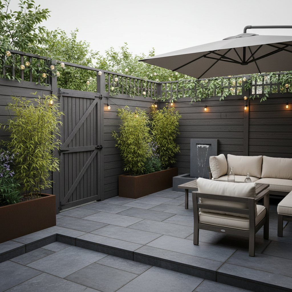 Backyard seating area enclosed by a black privacy fence for visual separation