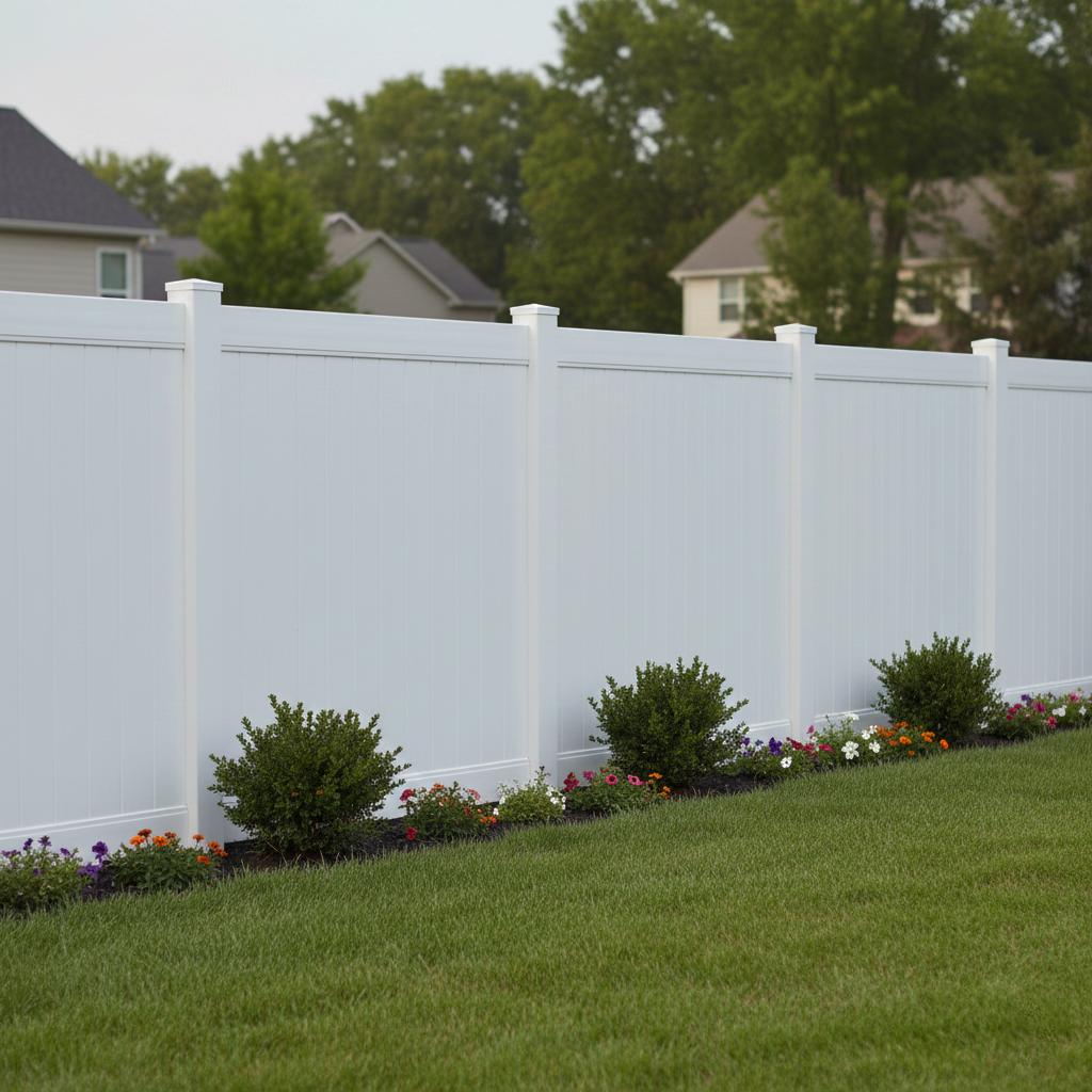 New white vinyl fence in a backyard.