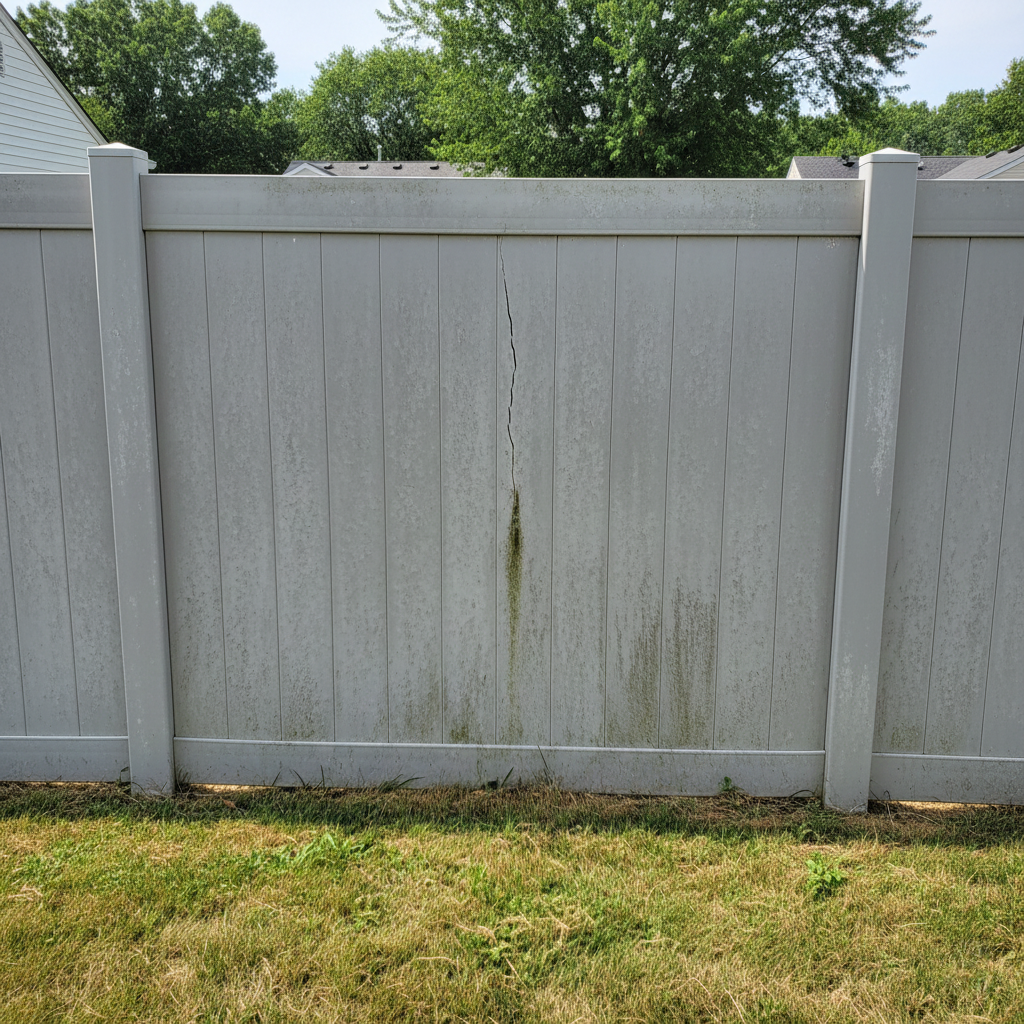 Old vinyl fence with heavy discoloration and cracks.
