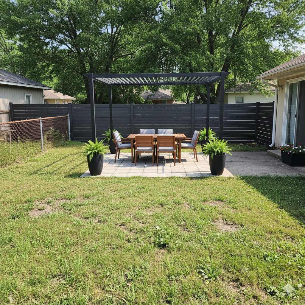 Modern backyard featuring a black aluminum fence and pergola system by PrimeAlux