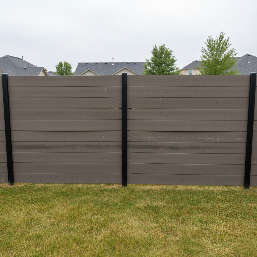 Aged composite fence with warping boards and color changes.