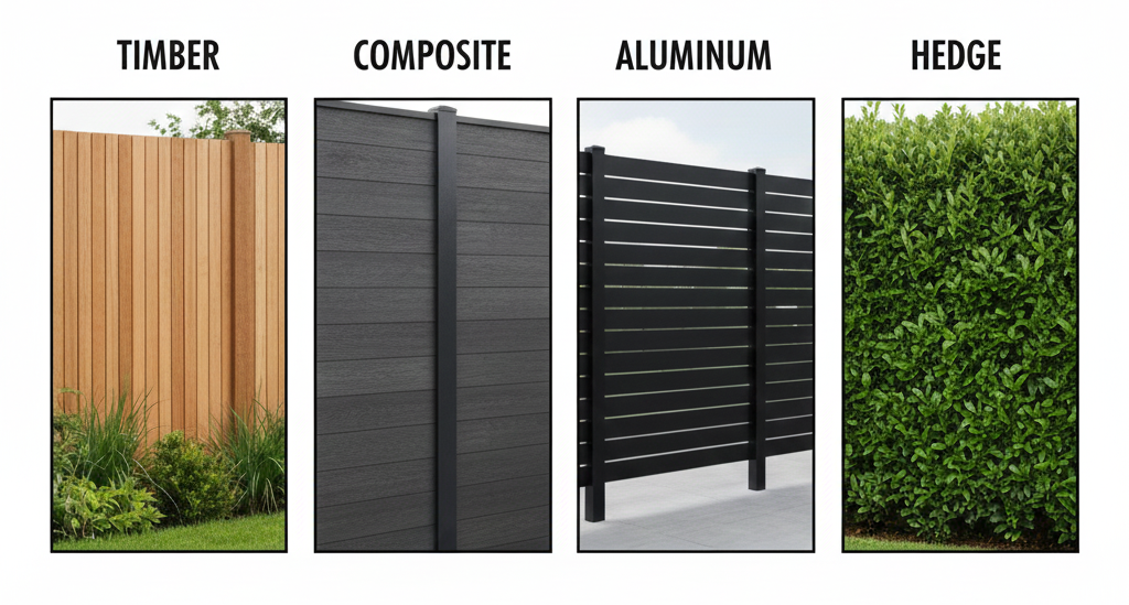 Comparison chart of aluminum fence panels versus wood, vinyl, and composite fencing materials