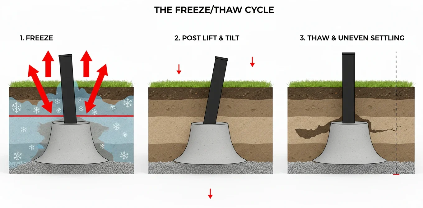 Diagram showing freeze-thaw cycles affecting fence post stability in Canadian winters