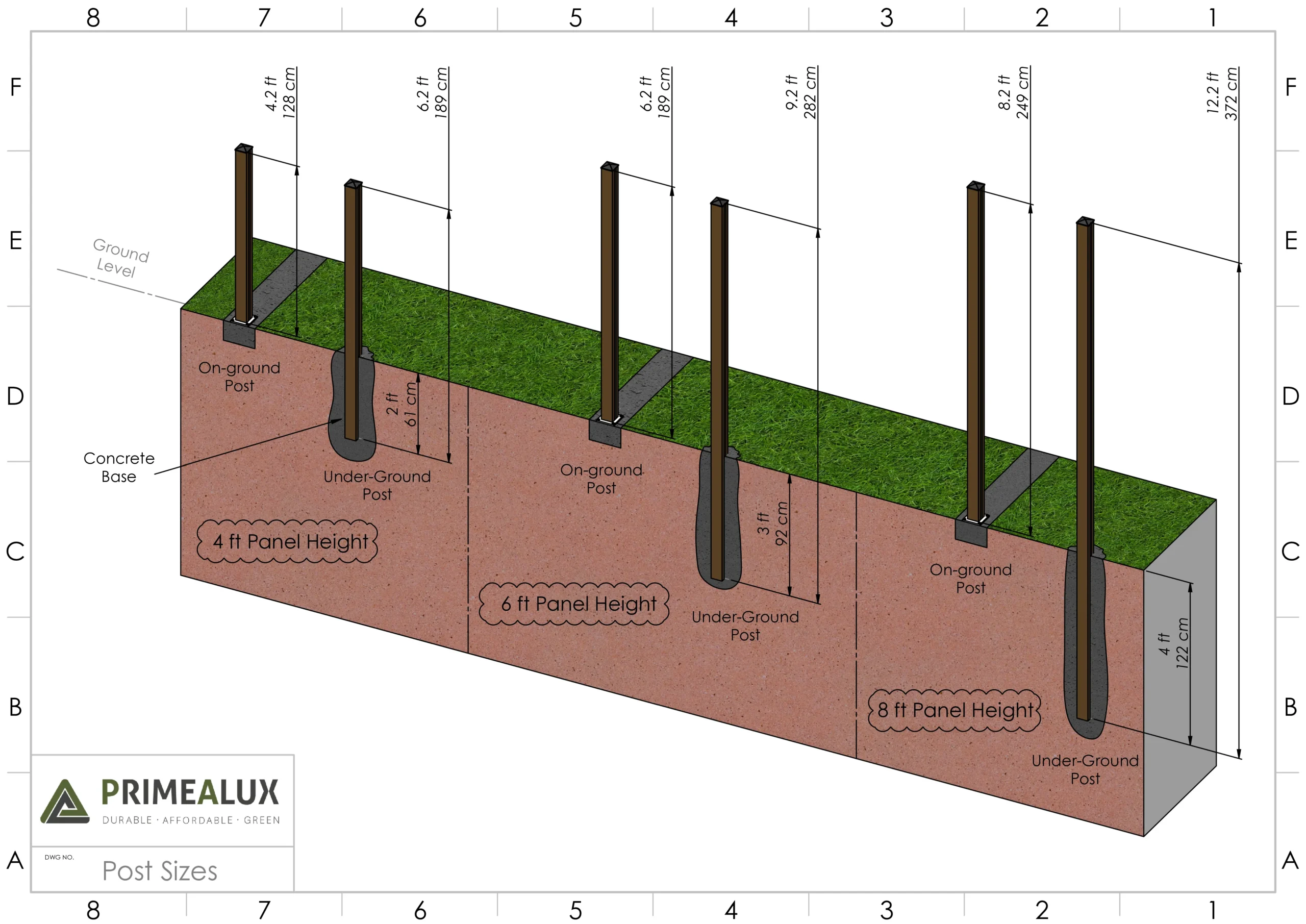 Diagram comparing on-ground and underground aluminum fence post installation methods