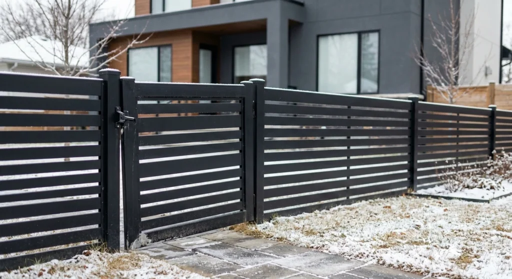 Sagging black aluminum gate in a snowy environment with a modern house in the back