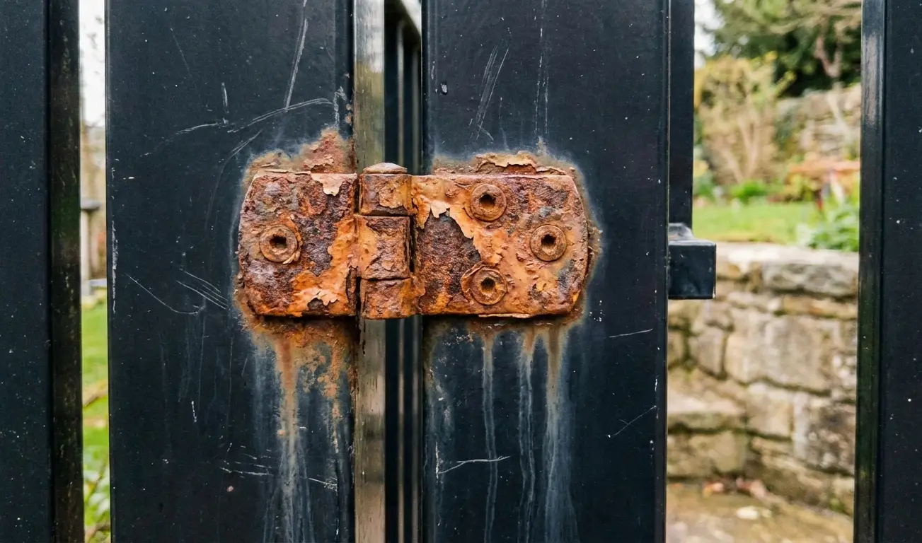 Rusted steel hinge on aluminum gate showing galvanic corrosion from mixed metals