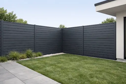 Black aluminum fence panels installed as a privacy fence in a residential backyard