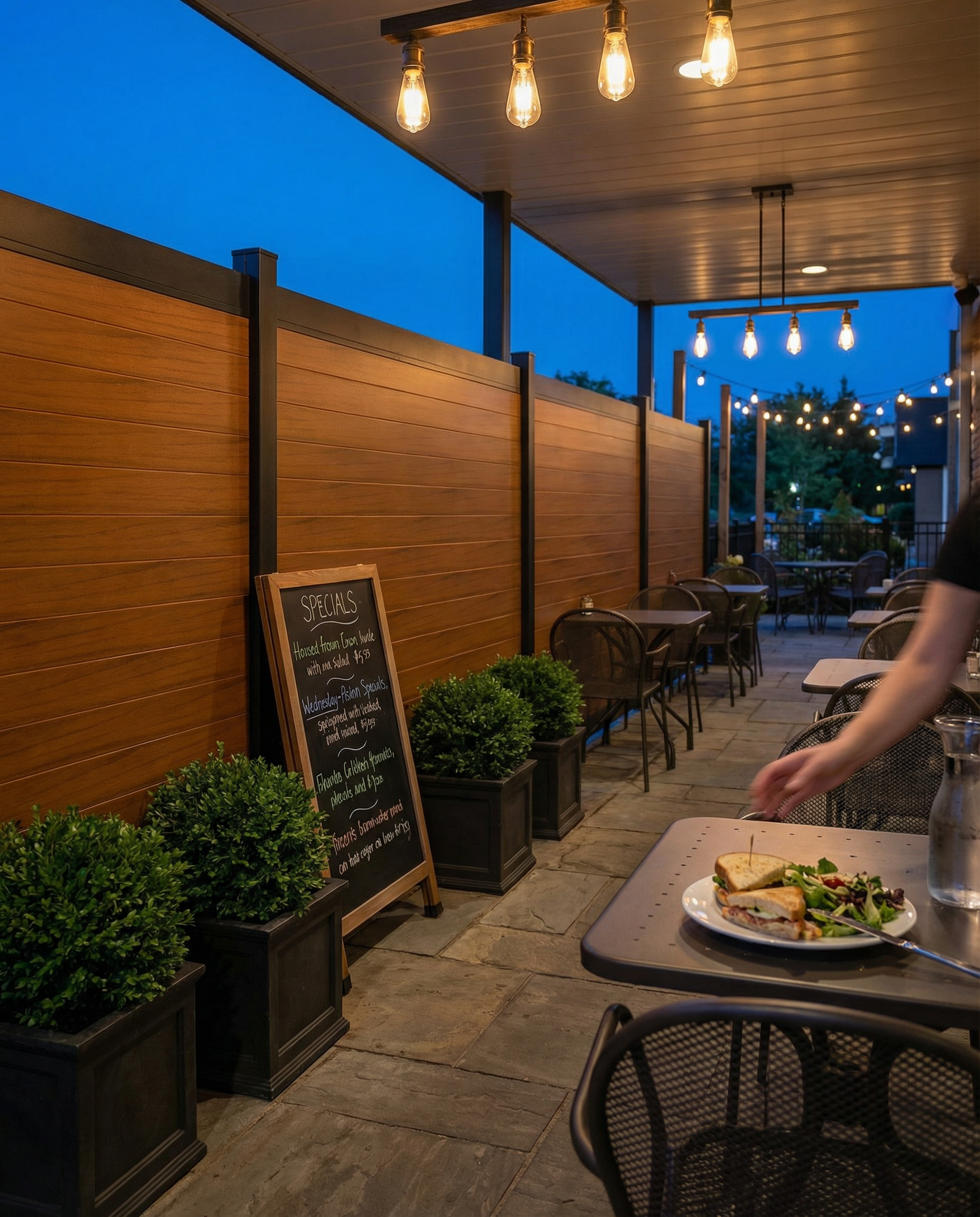 Horizontal teak wood-grain aluminum privacy fence panels in natural walnut finish — suitable for deck privacy wall and backyard screening installations
