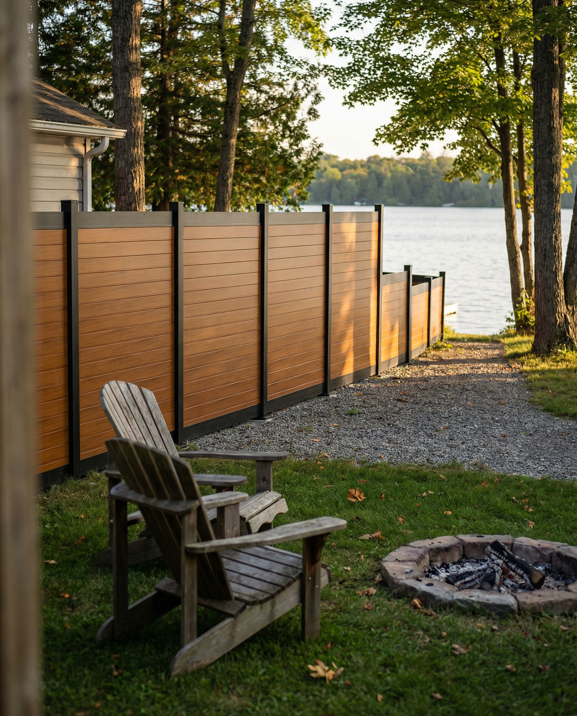 Horizontal teak wood-grain aluminum Privacy Plus fence panels installed along a deck perimeter — ideal for full-privacy deck privacy wall applications