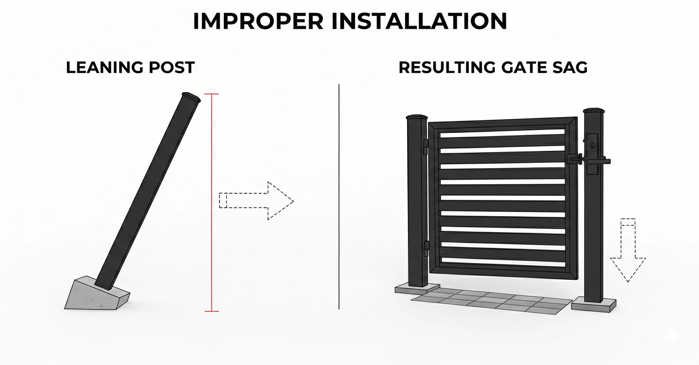 Underground aluminum fence post installation diagram showing concrete footing, post depth, and panel bracket locations for correct spacing