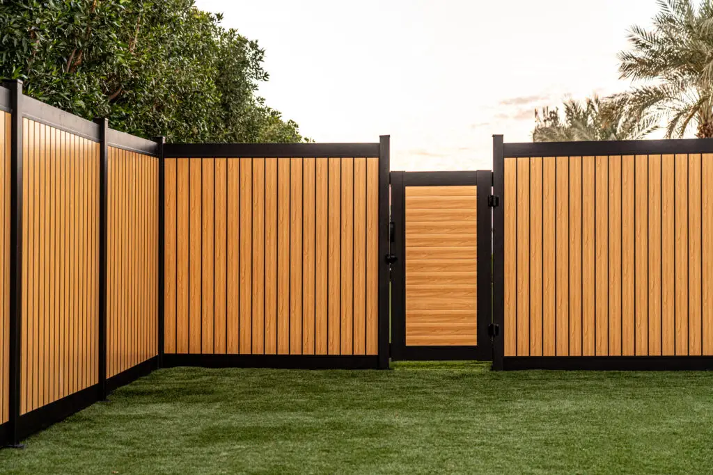A vertical privacy fence with black posts forms a corner, featuring a matching gate in the center. Green artificial grass covers the ground, while trees are visible in the background.
