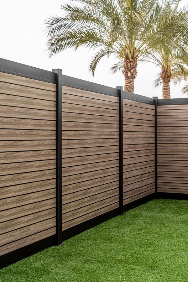 A modern wooden fence with horizontal panels stands on green artificial grass, with a tall palm tree and cloudy sky visible in the background.